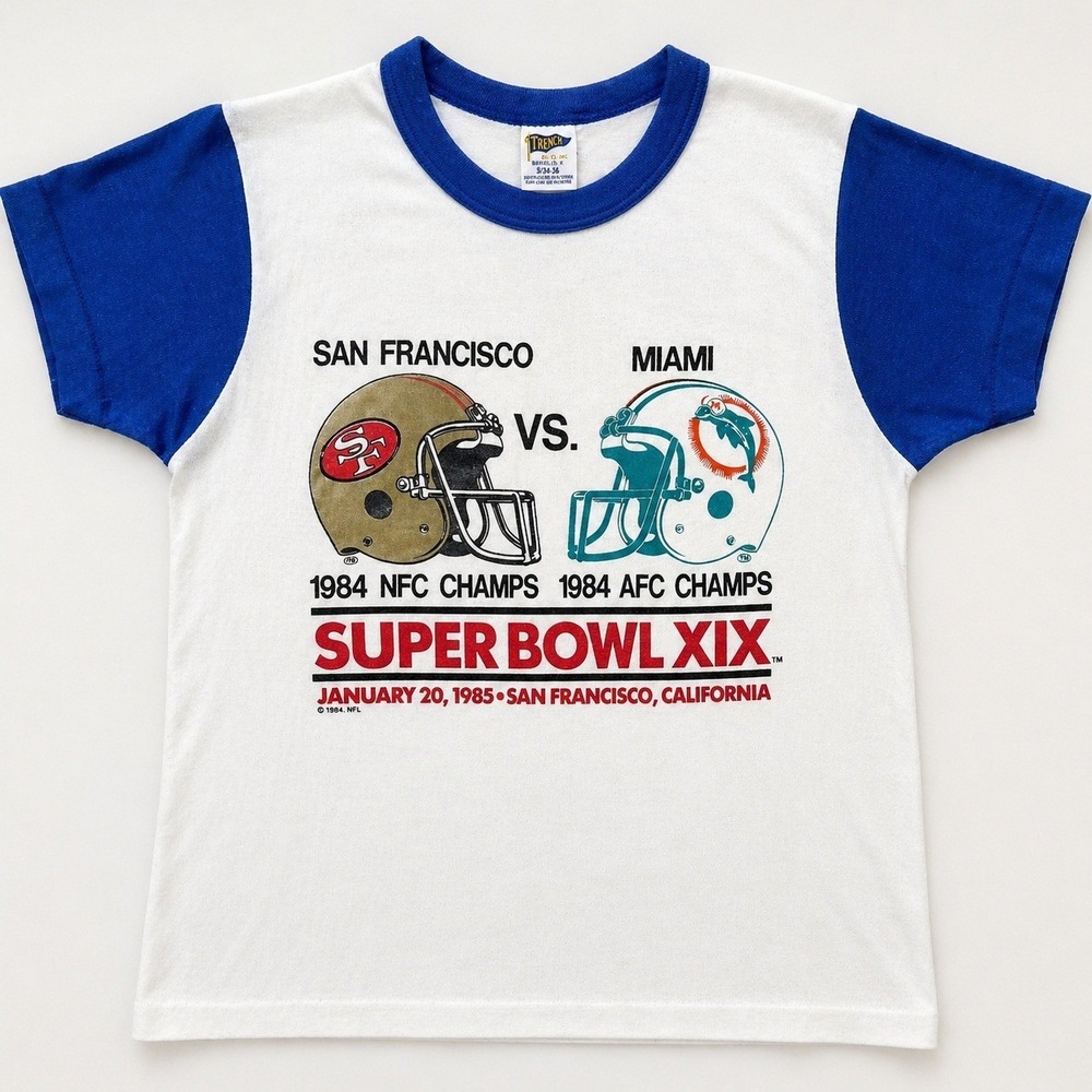 Trench T-Shirt Super Bowl XIX 1985 49ers Dolphins Ringer Vintage Small